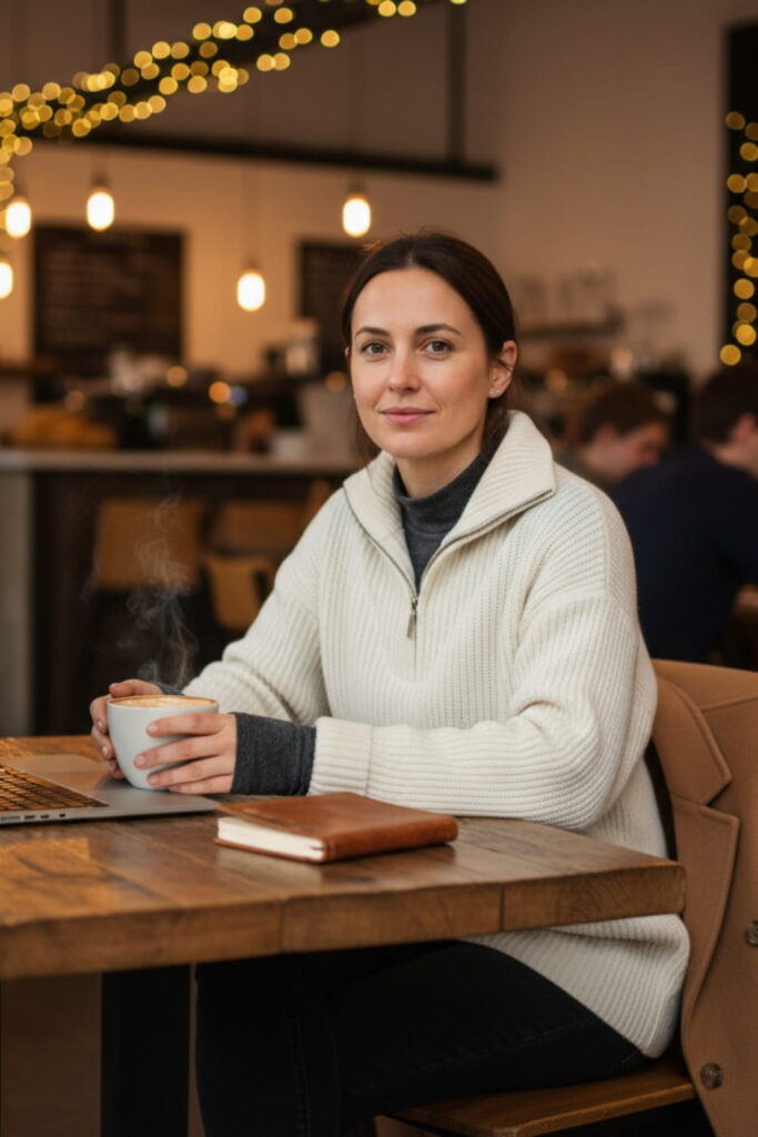 Woman in café with removable layers showing practical winter outfit that adapts to indoor and outdoor temperatures