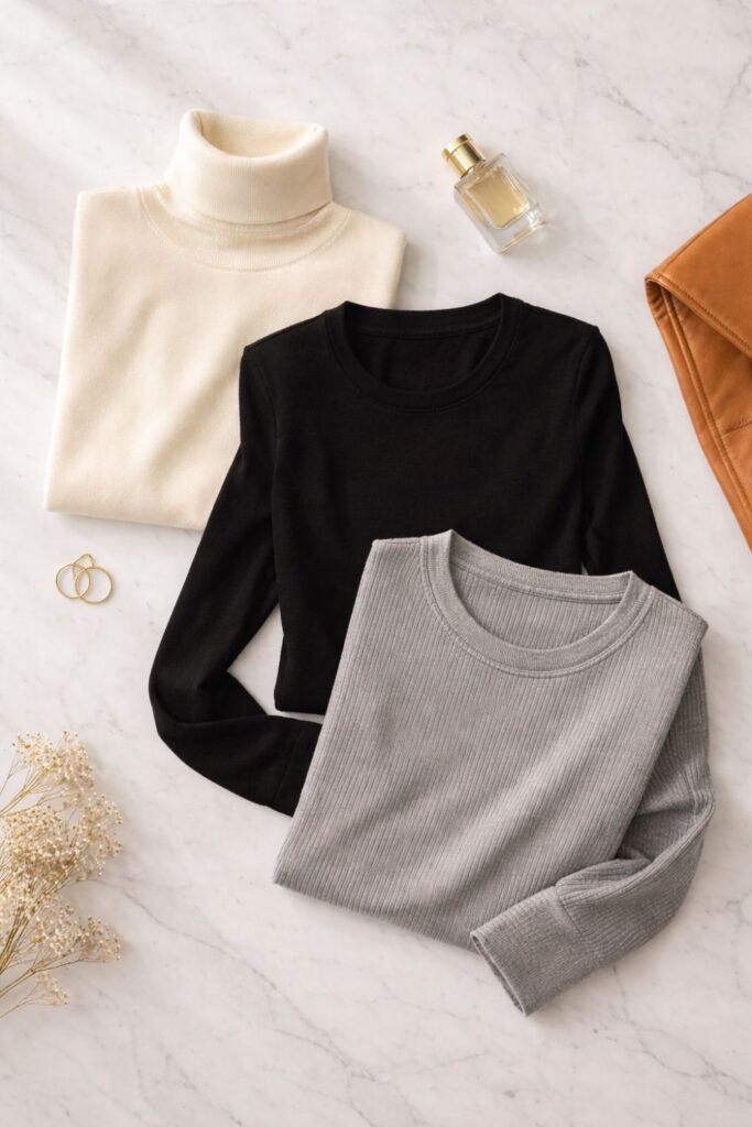 Flat lay of winter base layers including fitted turtleneck and merino wool tops for layering clothes for winter women