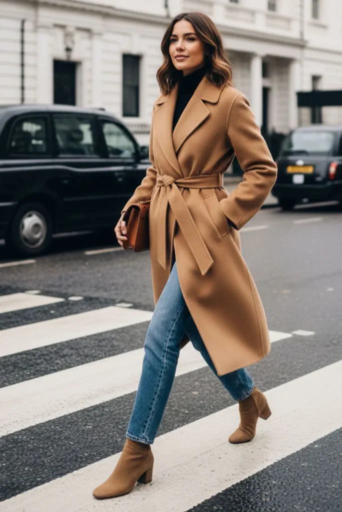 Belted Camel Coat with Turtleneck and Denim