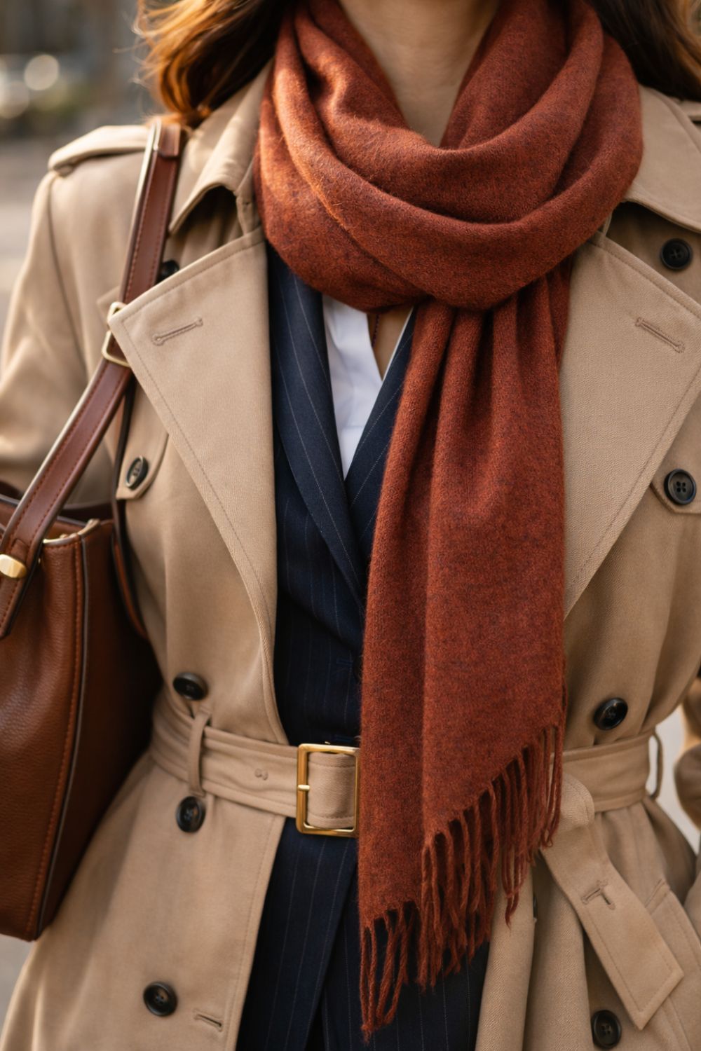 Close-up of belted layered jackets with cashmere scarf and leather bag showing accessories that elevate winter jacket layering outfits
