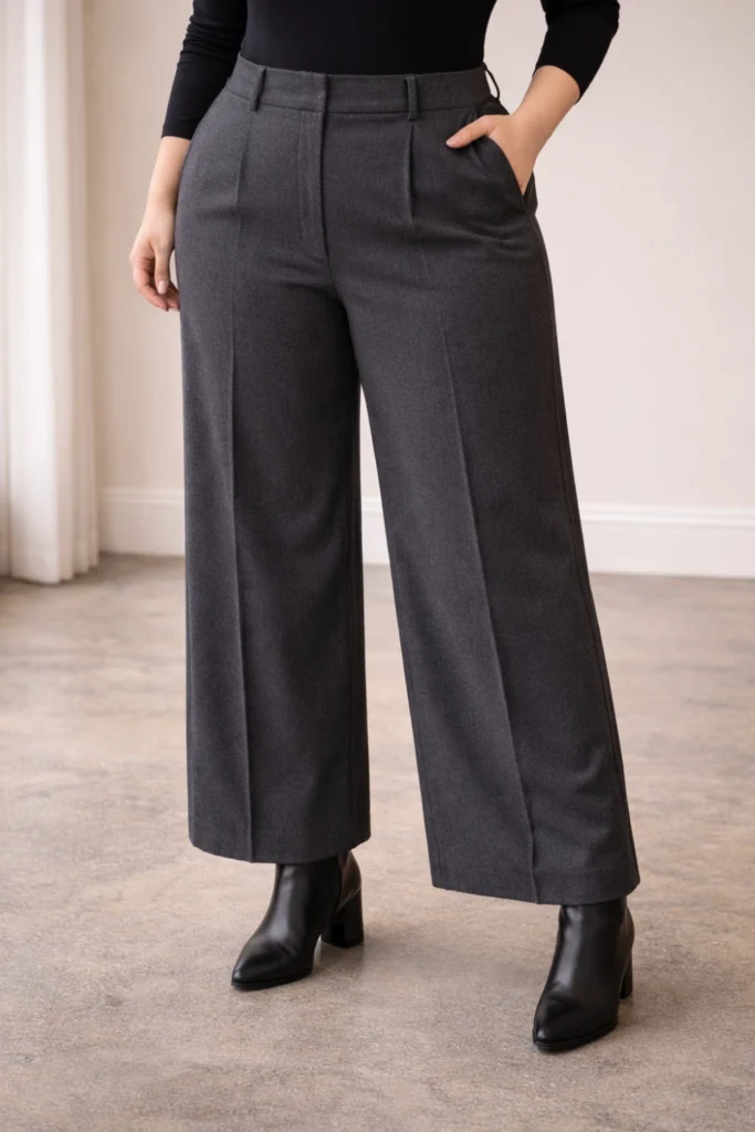 Detail shot showing flattering high-waisted wide-leg pants creating long vertical line with ankle boots on plus size figure