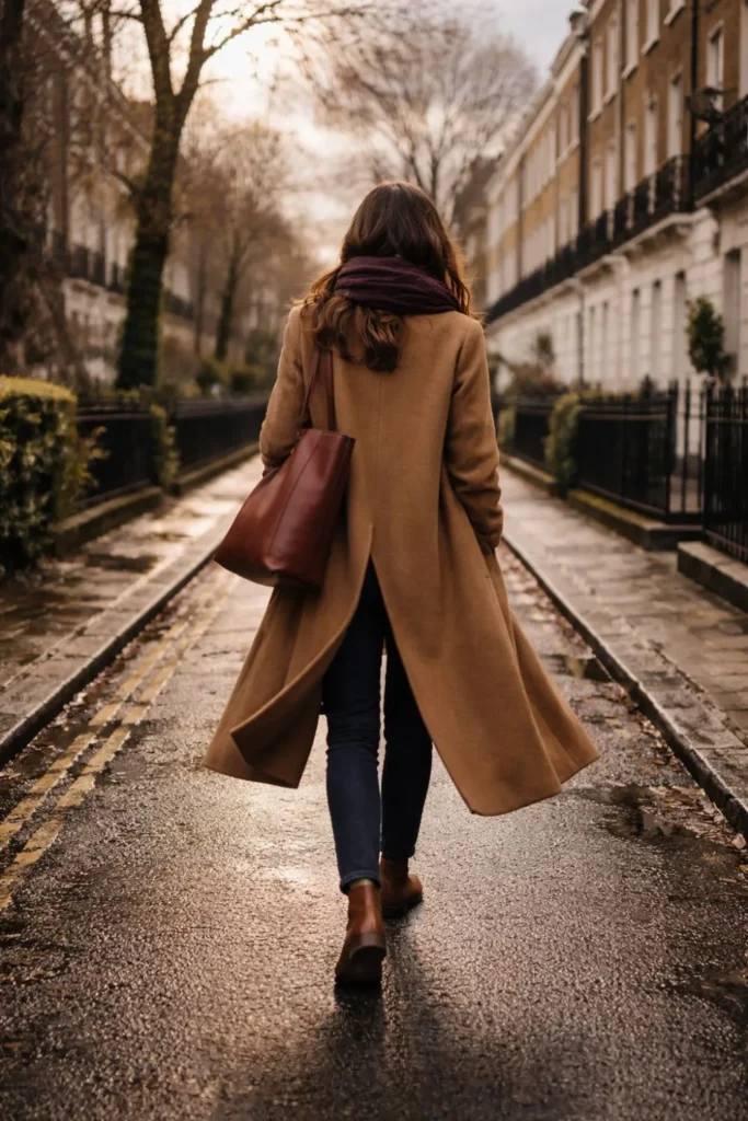 Woman in camel coat walking down London street in January with reflective wet pavement