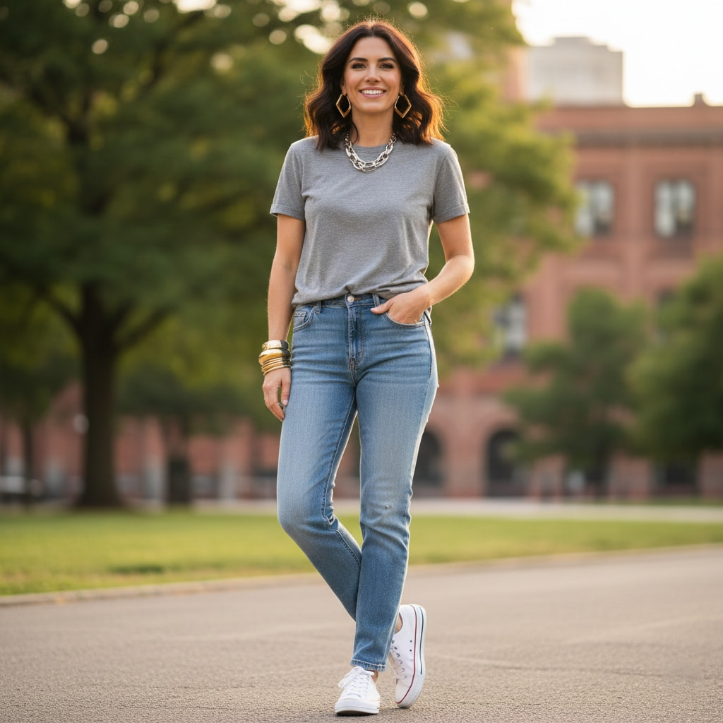 How to style statement jewelry with simple jeans and t-shirt outfit for elevated everyday look
