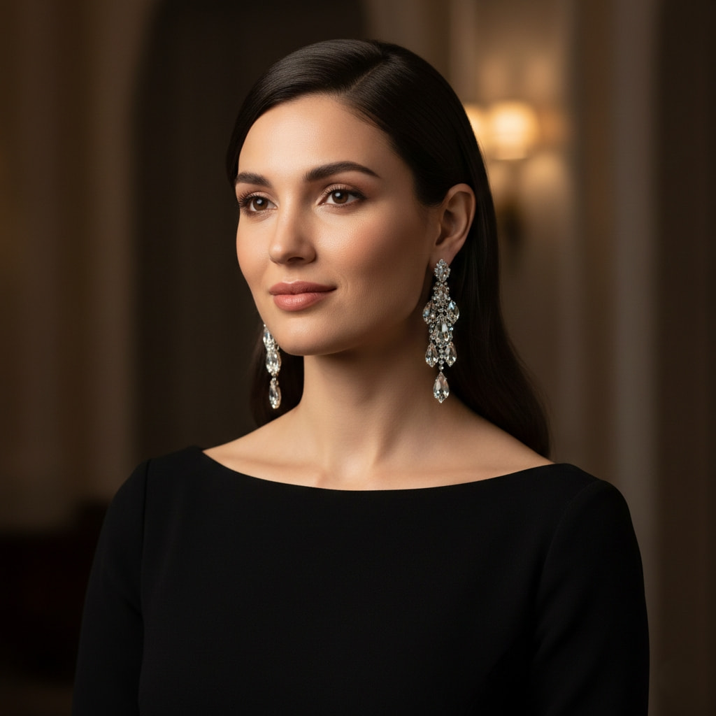 Crystal chandelier statement earrings elevating a simple black dress for evening wear