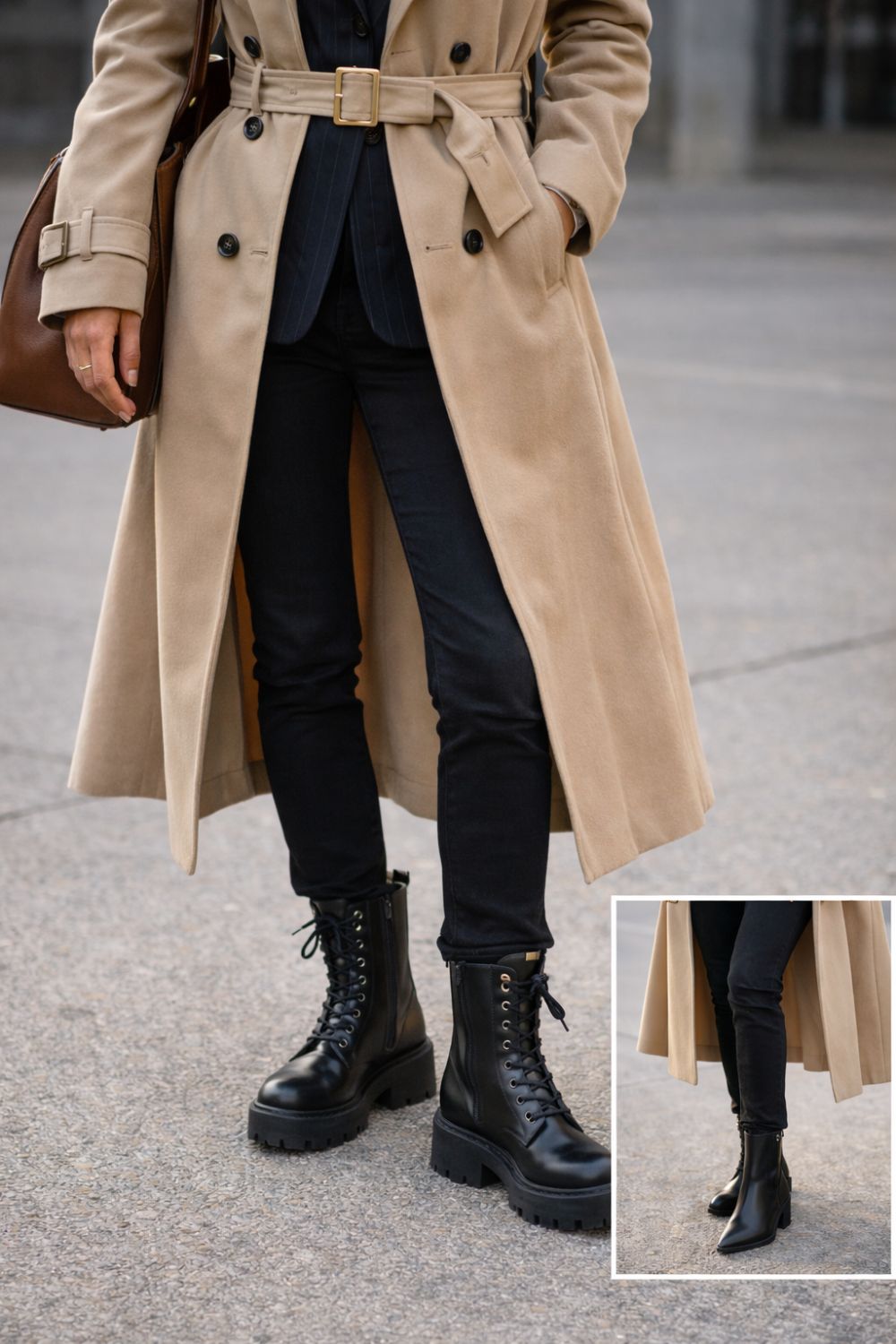Comparison of chunky combat boots and sleek ankle boots paired with layered winter jackets showing footwear balance for women