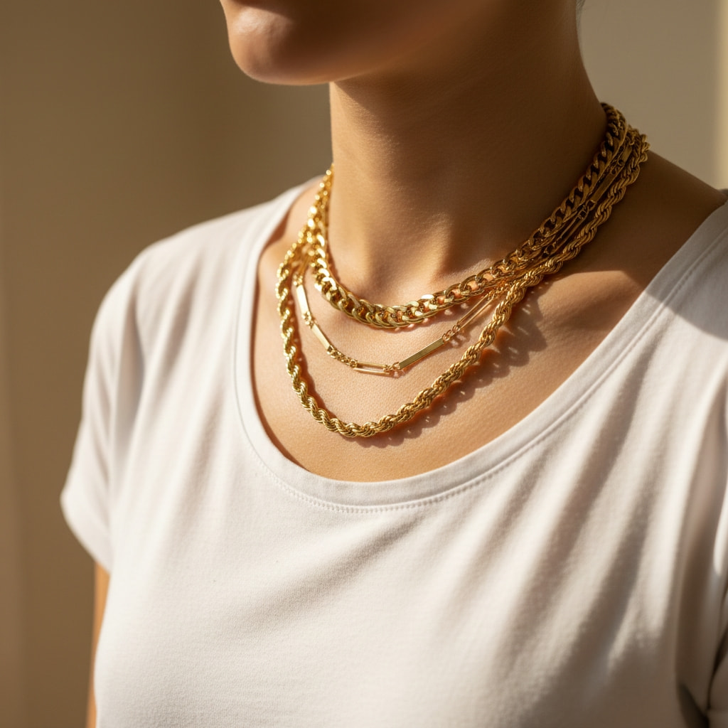 Woman wearing chunky gold chain necklaces layered style 2026 Jewelry Trend