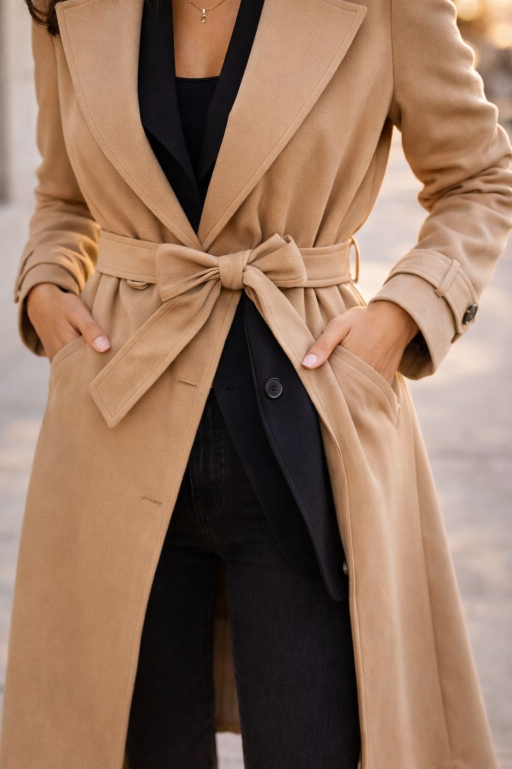 Close-up of belted tan trench coat over black blazer showing waist definition technique for layering outfits for women