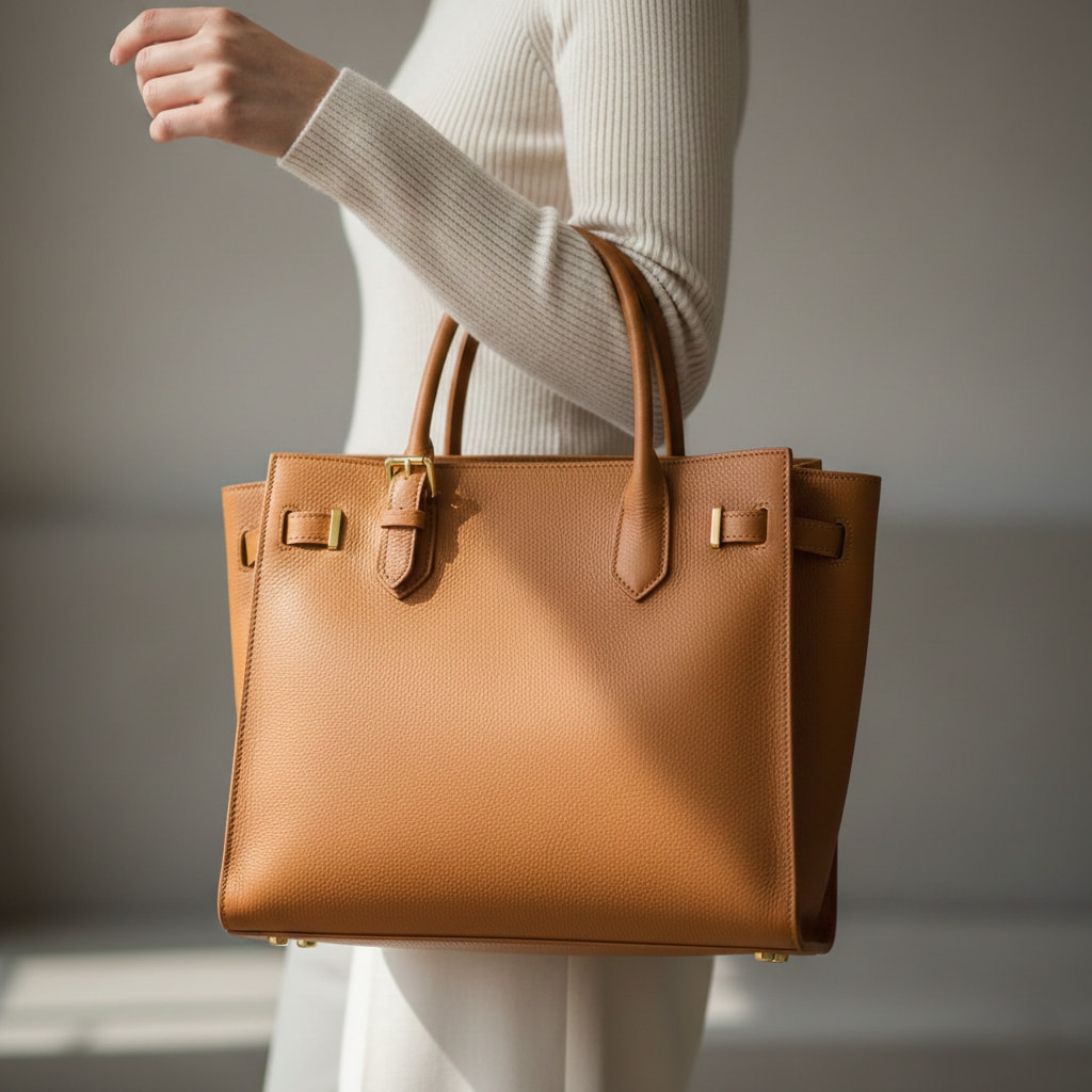 Woman holding classic tan leather handbag with gold hardware, showcasing timeless fashion accessory for everyday style