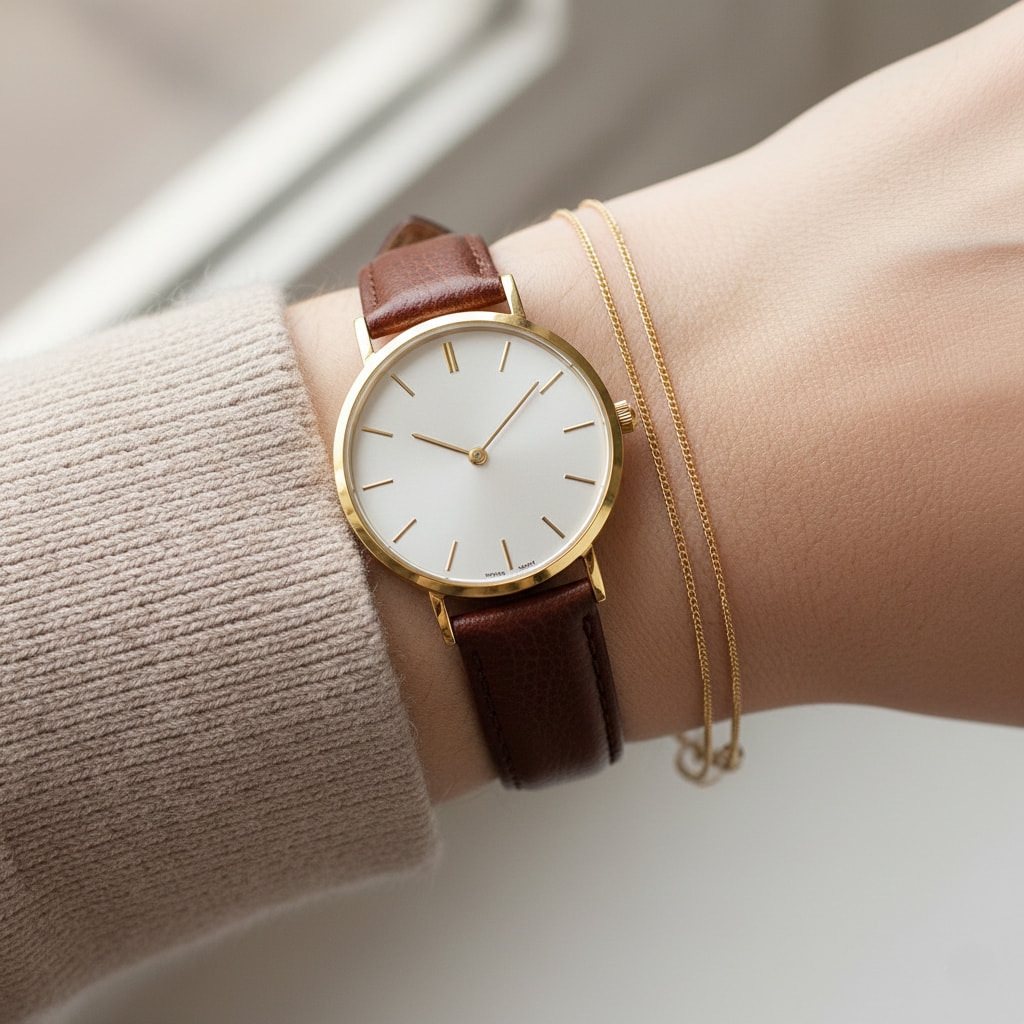 Classic women's watch with leather strap and minimalist dial showcasing timeless wristwear accessory on marble surface