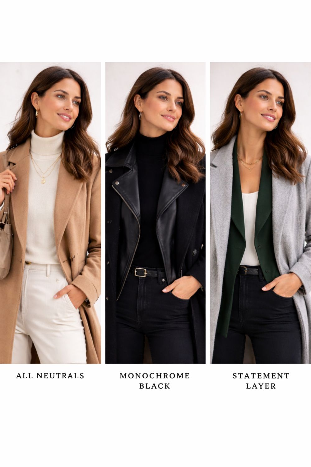 Three panel color coordination guide for winter jacket layering showing neutral, monochrome, and statement layer combinations