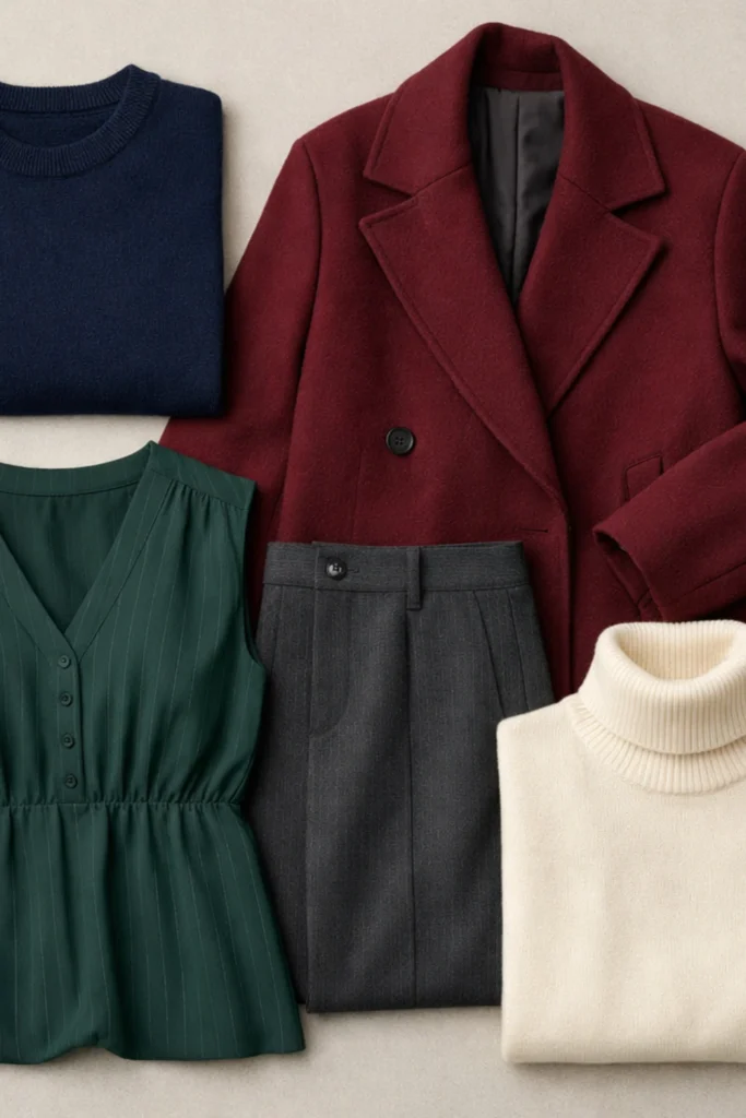 Curated collection of flattering plus size winter clothing showing coordinated color palette with sweater, coat, dress, and pants