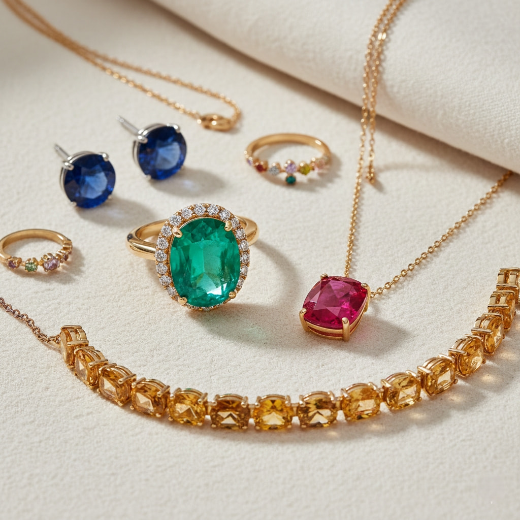 Colorful gemstone jewelry collection featuring emerald rings, sapphire earrings, and ruby pendants for women 2026