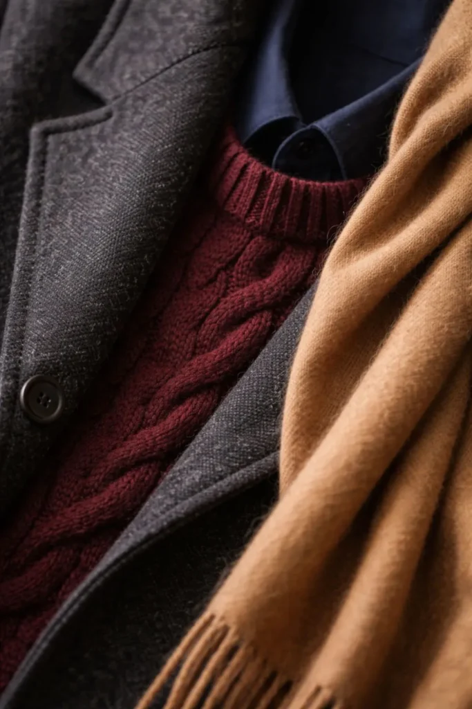Close up of layered winter fabrics showing burgundy knit and charcoal wool coat textures