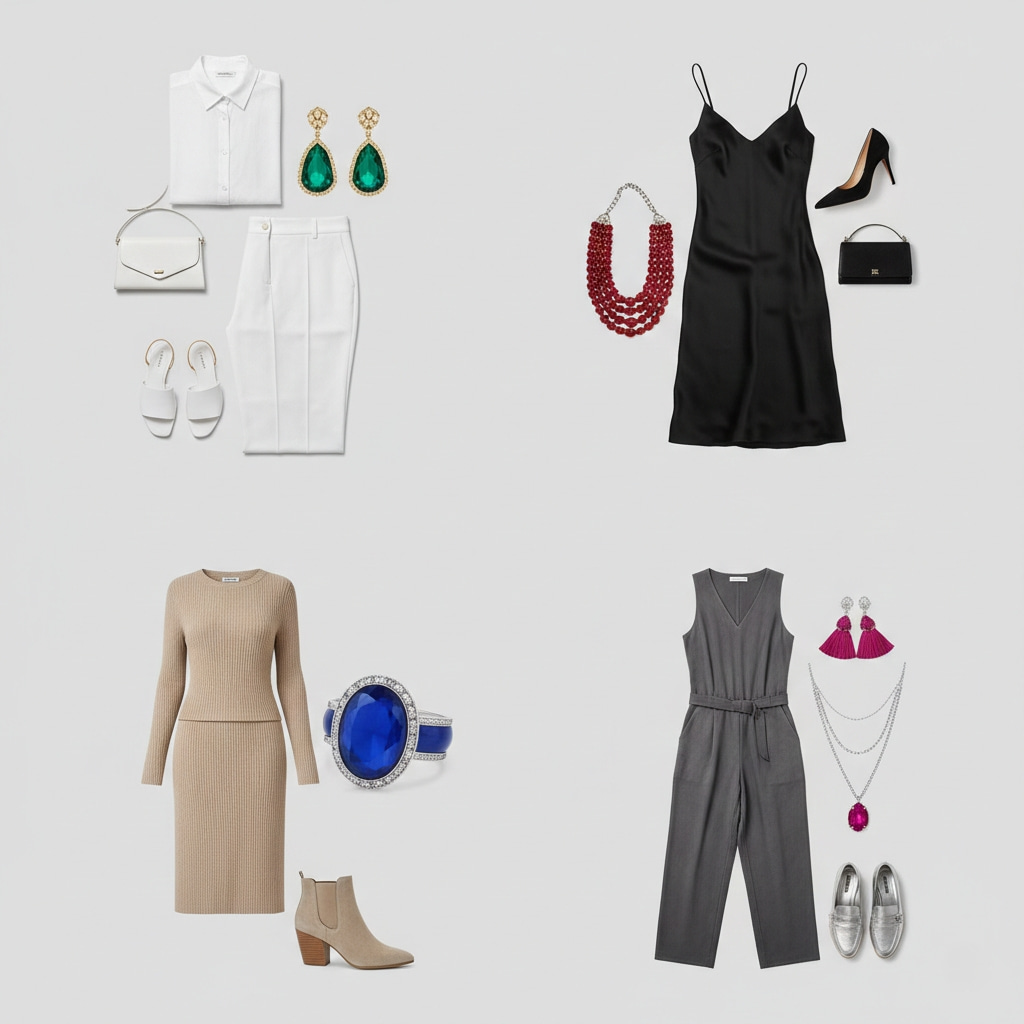 Colorful statement jewelry pieces paired with simple neutral outfits in white, black, and beige