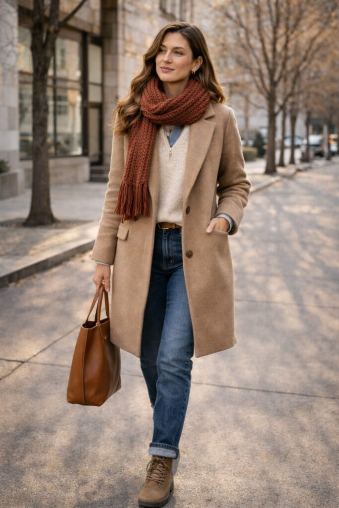 Woman in complete layered winter outfit demonstrating practical and stylish cold weather dressing from base layer to outerwear