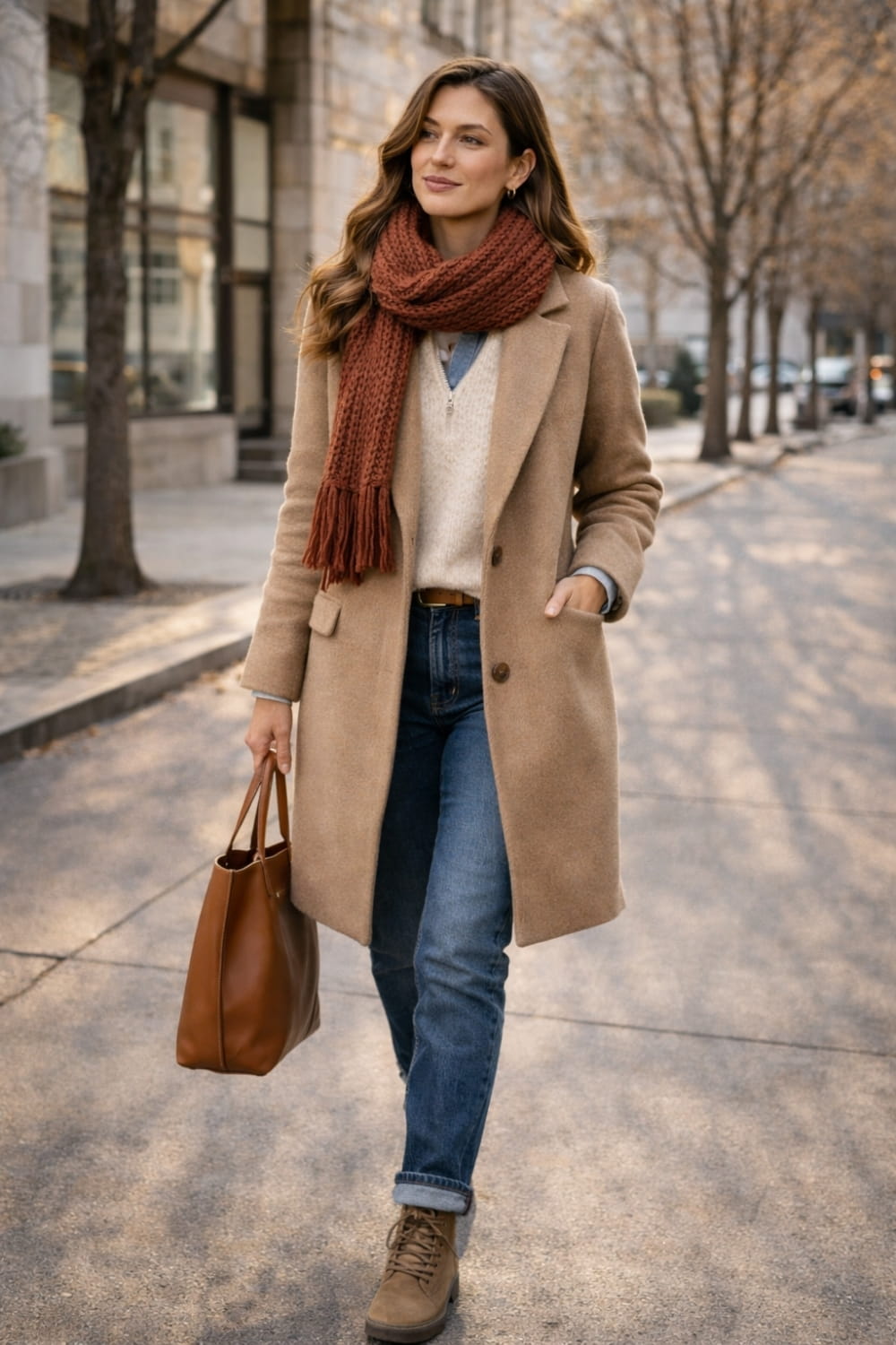 Woman in complete layered winter outfit demonstrating practical and stylish cold weather dressing from base layer to outerwear