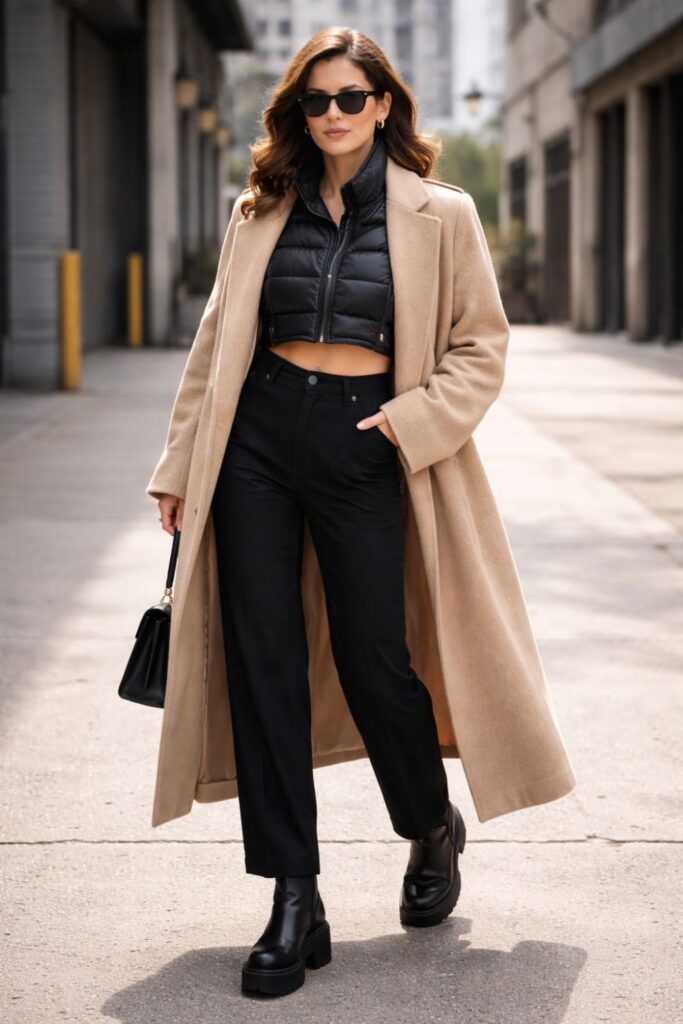 Fashion forward woman in cropped black puffer jacket under oversized beige coat showing balanced proportions in winter jacket layering tips