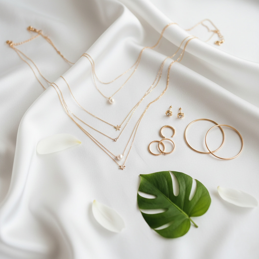 Collection of delicate gold jewelry accessories including layered necklaces, rings, and earrings arranged on white silk fabric