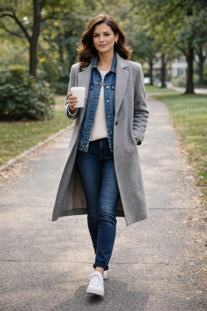 Woman wearing classic blue denim jacket under long grey wool coat demonstrating casual elevated layering clothes for winter women