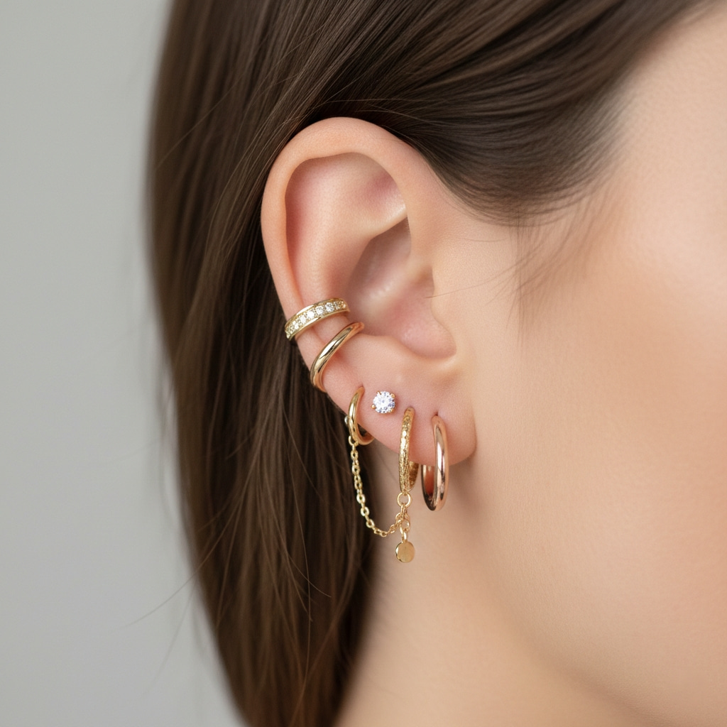 Ear stacking jewelry trend with multiple earrings, hoops, and ear cuffs curated piercing style 2026