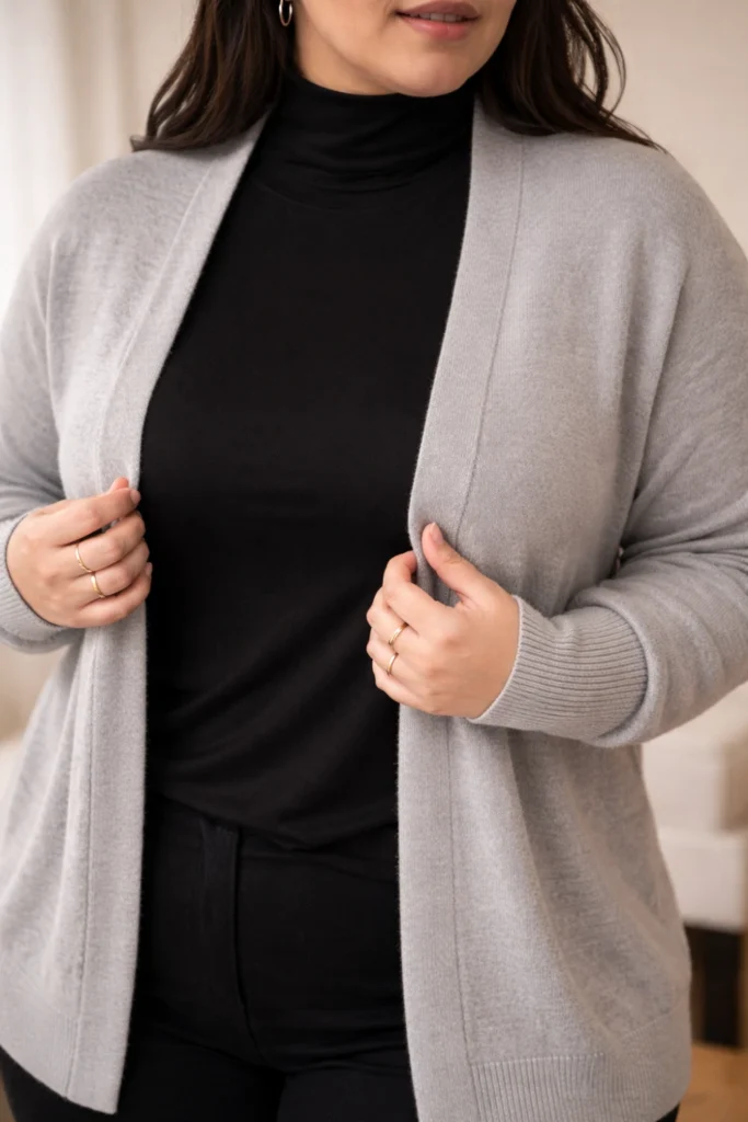 Close-up of plus size woman layering gray cardigan over black turtleneck demonstrating flattering winter outfit foundation