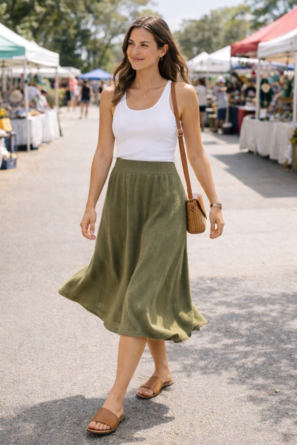 Athleisure outfit for work featuring flowy midi skirt and fitted tank top at outdoor market