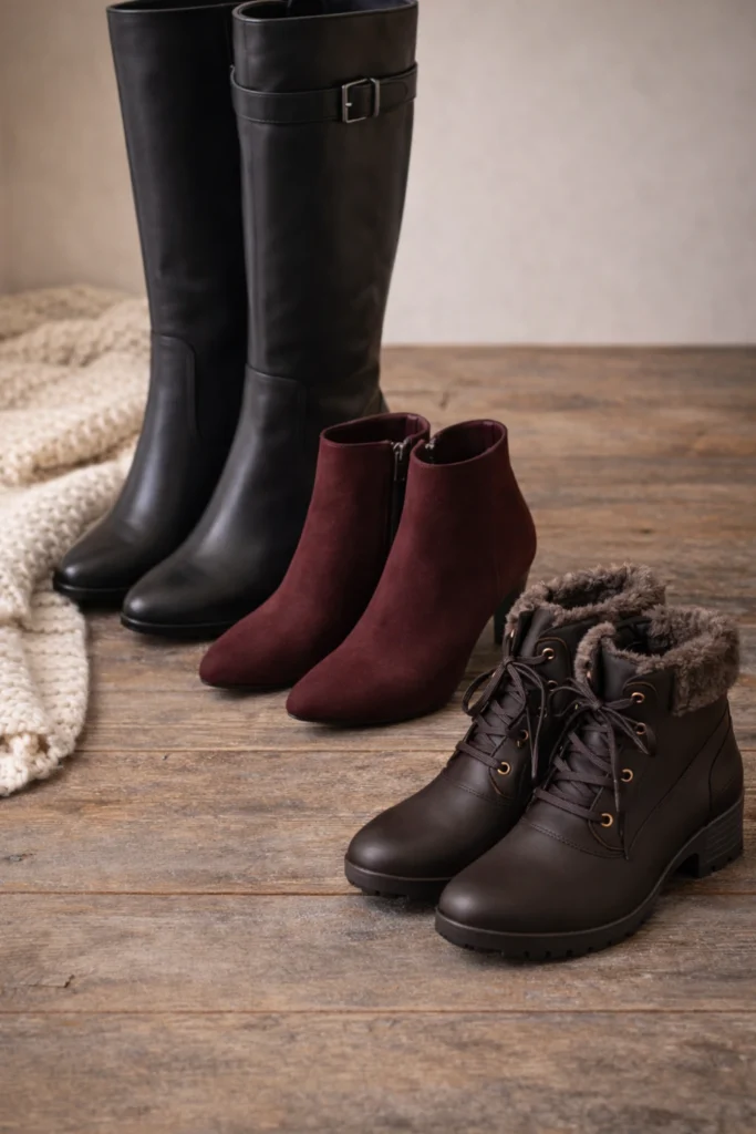Three pairs of flattering plus size winter boots including knee-high and ankle styles displayed on rustic wood with knit blanket