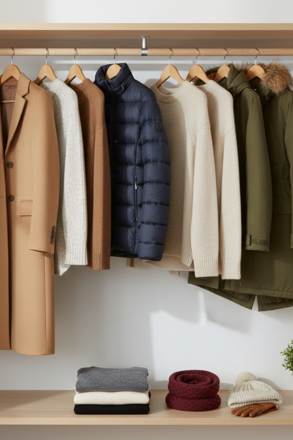 Organized capsule wardrobe featuring quality winter layering essentials including wool coat and neutral sweaters for women