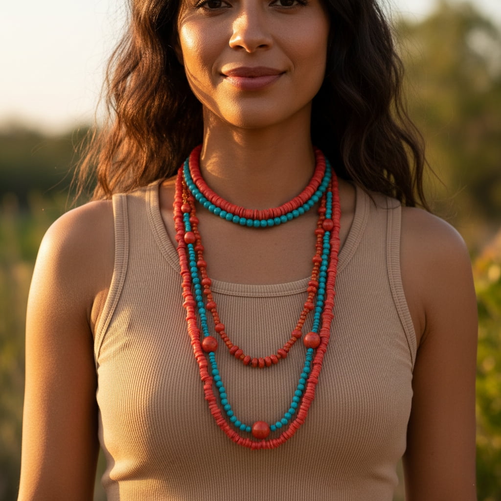 Layered beaded statement necklaces styled with simple tan tank top for bohemian look