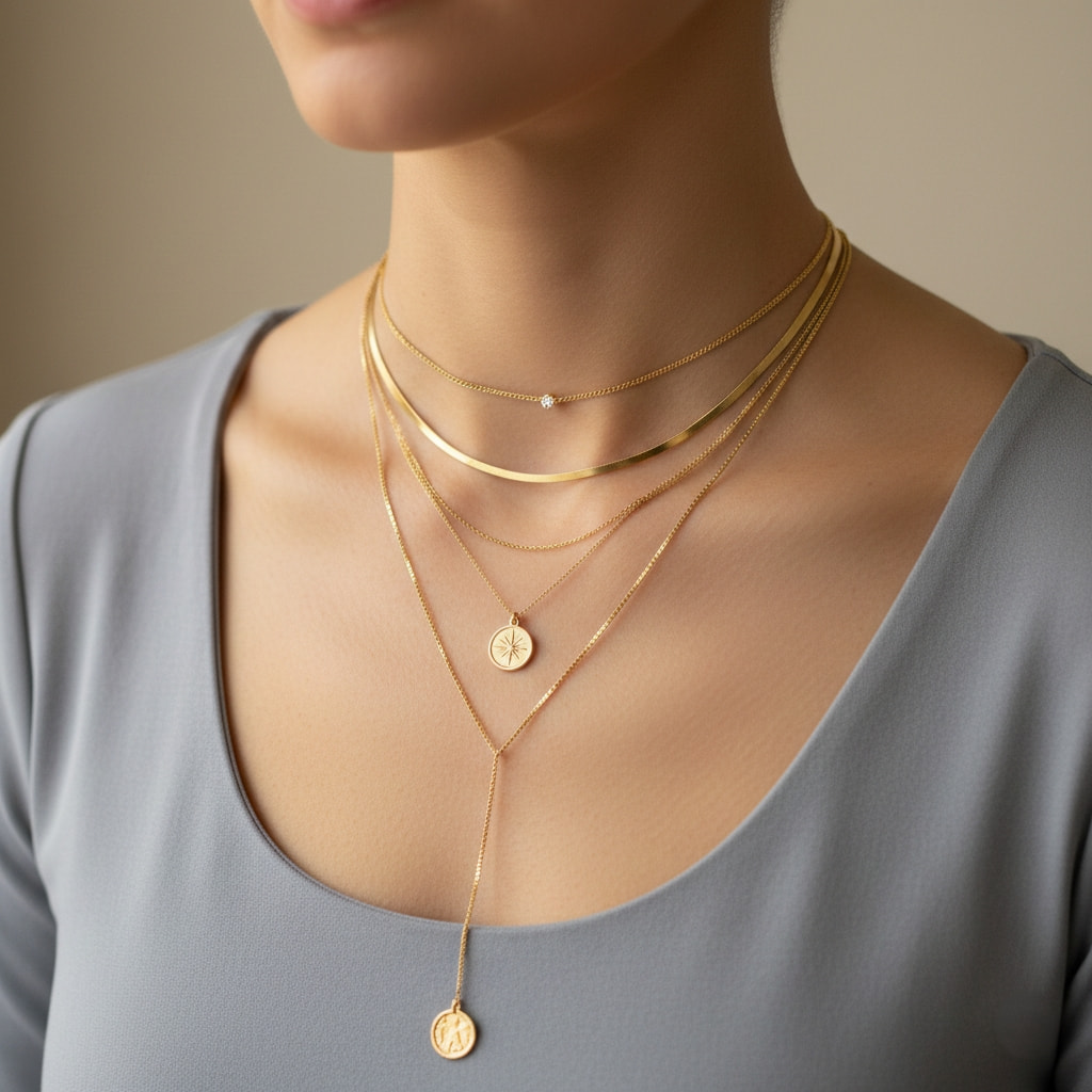 Layered necklaces jewelry trend showing multiple gold chains and pendants at different lengths for women 2026