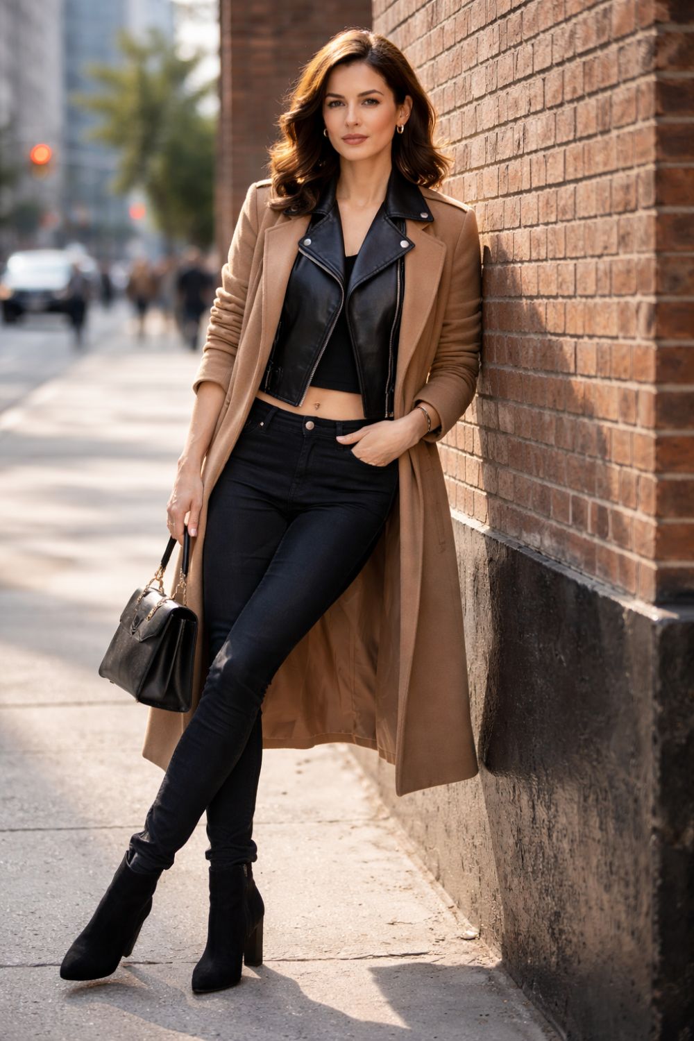 Woman in black cropped leather moto jacket under open camel wool coat showing edgy elegant winter jacket layering combination