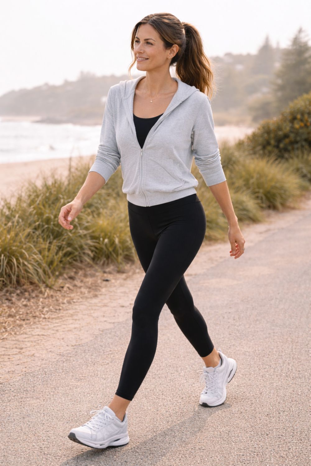 Casual summer athleisure outfit with lightweight hoodie and leggings for morning walks in Australia