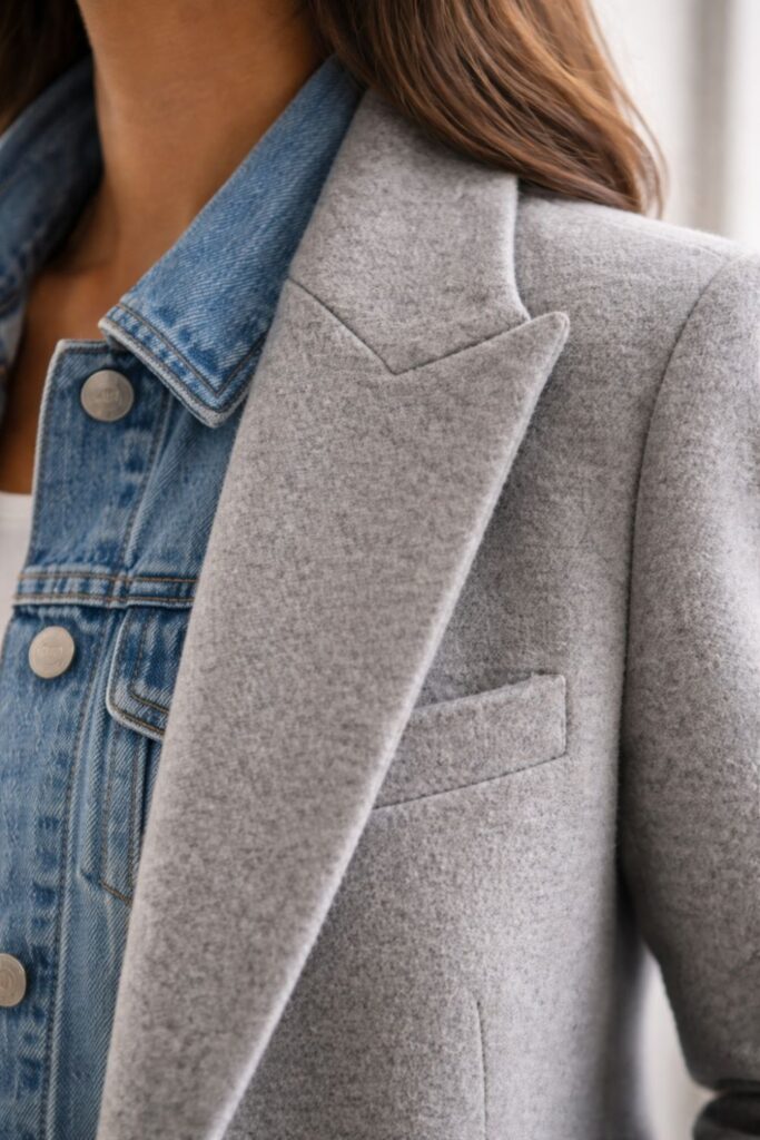 Close-up detail of lightweight denim jacket layered under structured wool coat showing proper winter layering technique