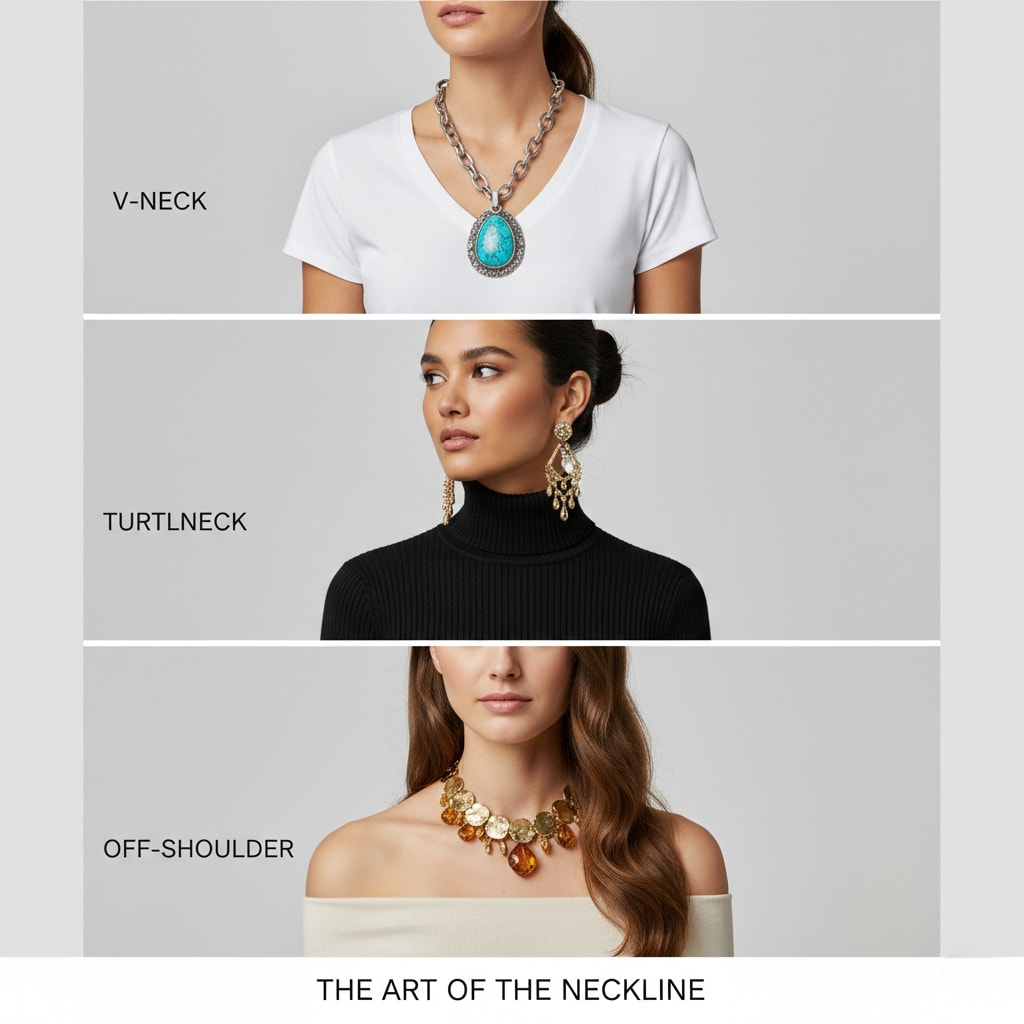 How to match statement jewelry with different necklines - V-neck, turtleneck, and off-shoulder examples