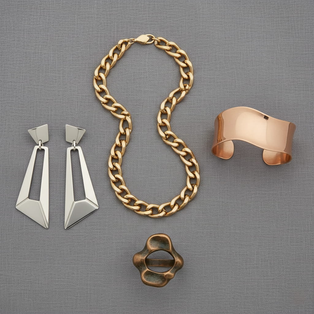 Mixed-metal statement jewelry collection showing gold, silver, rose gold, and bronze pieces together