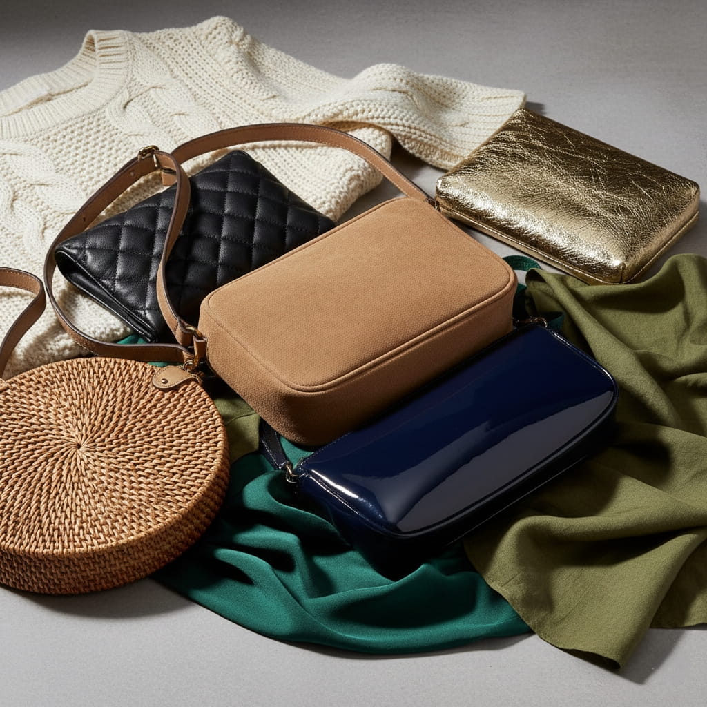 How to style handbags with different outfits by mixing textures - variety of handbag materials and finishes