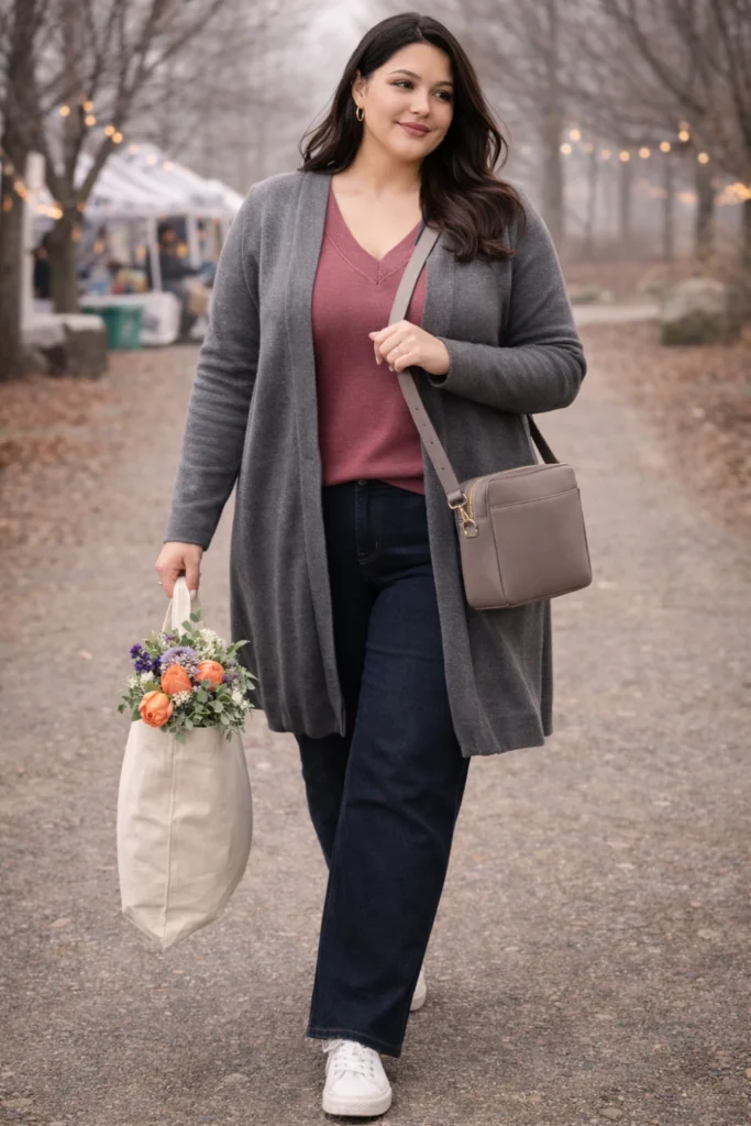 Plus size woman wearing casual weekend outfit with jeans, V-neck sweater, and cardigan holding shopping bag in winter outdoor setting