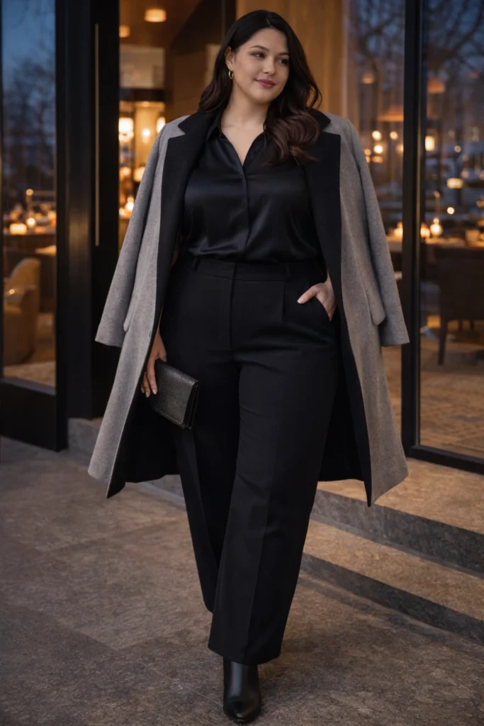 Plus size woman wearing elegant evening outfit with silk blouse, wide-leg pants, and draped coat at upscale restaurant entrance
