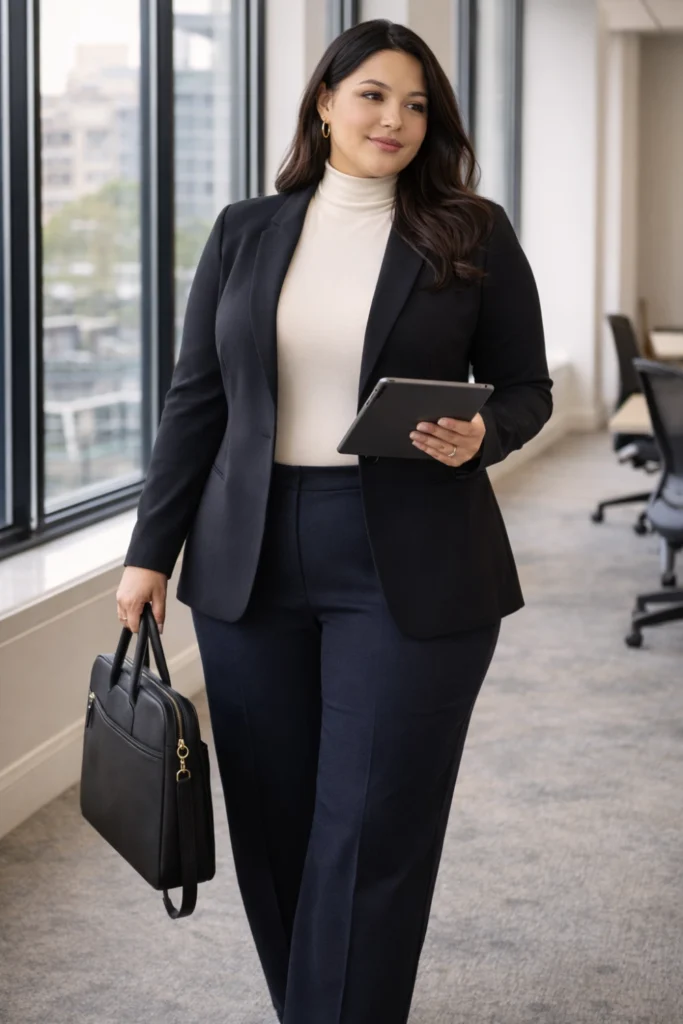 Plus size woman wearing flattering work outfit with structured blazer, fitted turtleneck, and tailored pants in corporate office setting