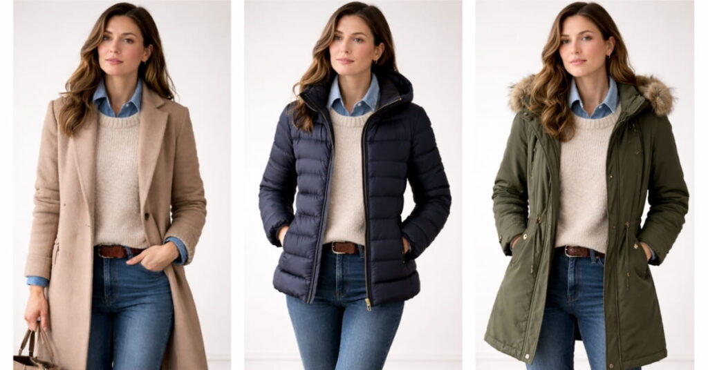 Three winter coat options for women including wool coat, puffer jacket and parka showing versatile outerwear layering choices