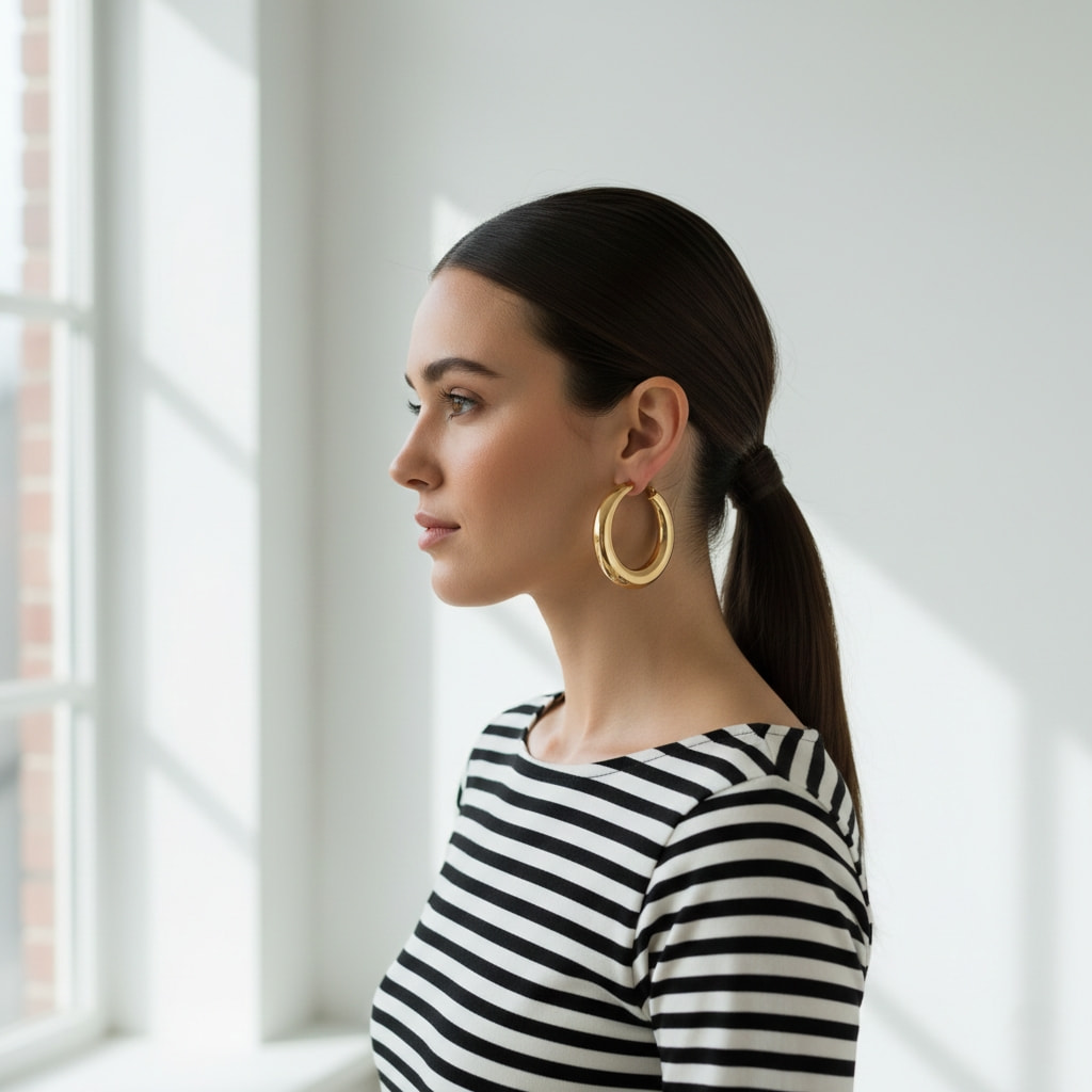 Oversized gold hoop statement earrings paired with simple striped t-shirt and sleek ponytail