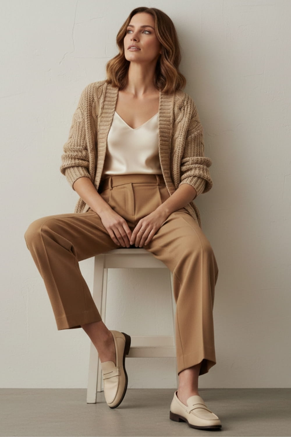 Monochromatic layered outfit showing texture variation with silk and chunky knit demonstrating sophisticated winter styling for women