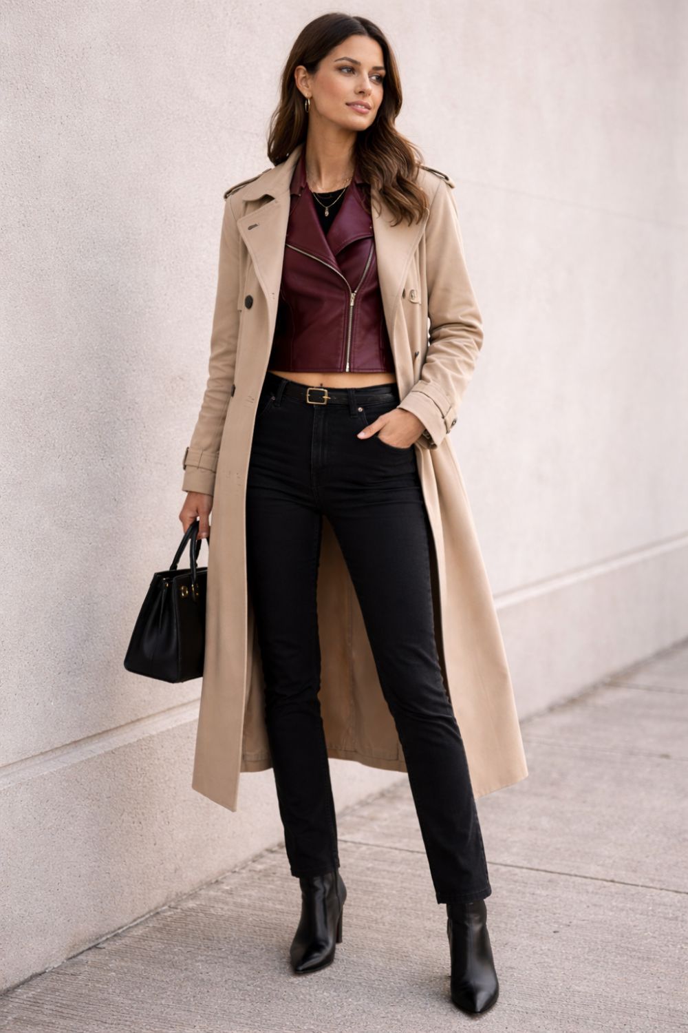 Full length photo of cropped burgundy leather jacket under long beige trench coat showing peek-a-boo layering effect for women