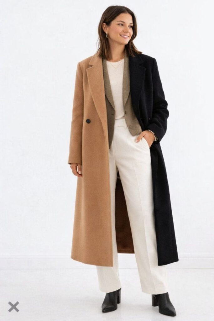 Side by side comparison showing correct and incorrect jacket proportions for winter jacket layering tips with cropped and long coats