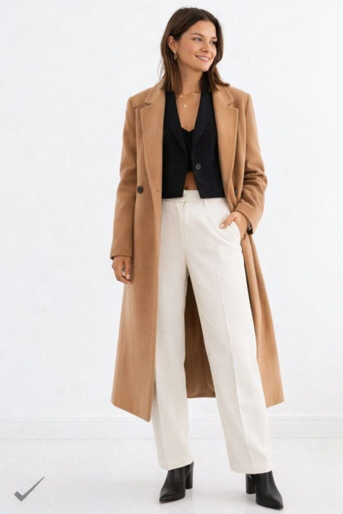 Side by side comparison showing correct and incorrect jacket proportions for winter jacket layering tips with cropped and long coats