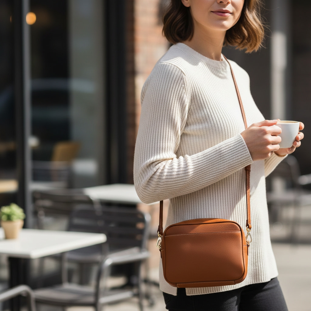 Black leather crossbody bag worn across body demonstrating practical hands-free fashion accessory for everyday wear