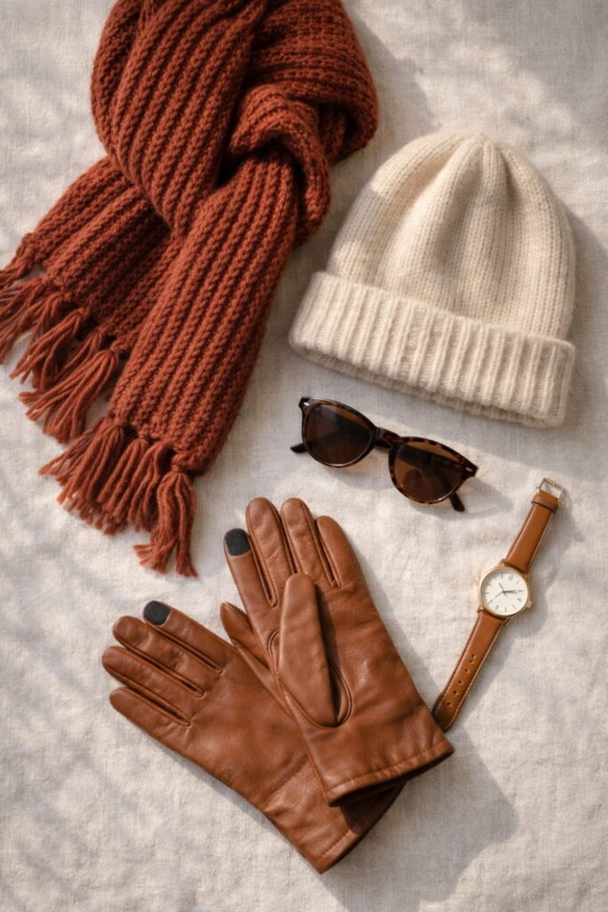 Winter accessories flat lay featuring knit scarf, wool hat and gloves as essential layering pieces for cold weather outfits