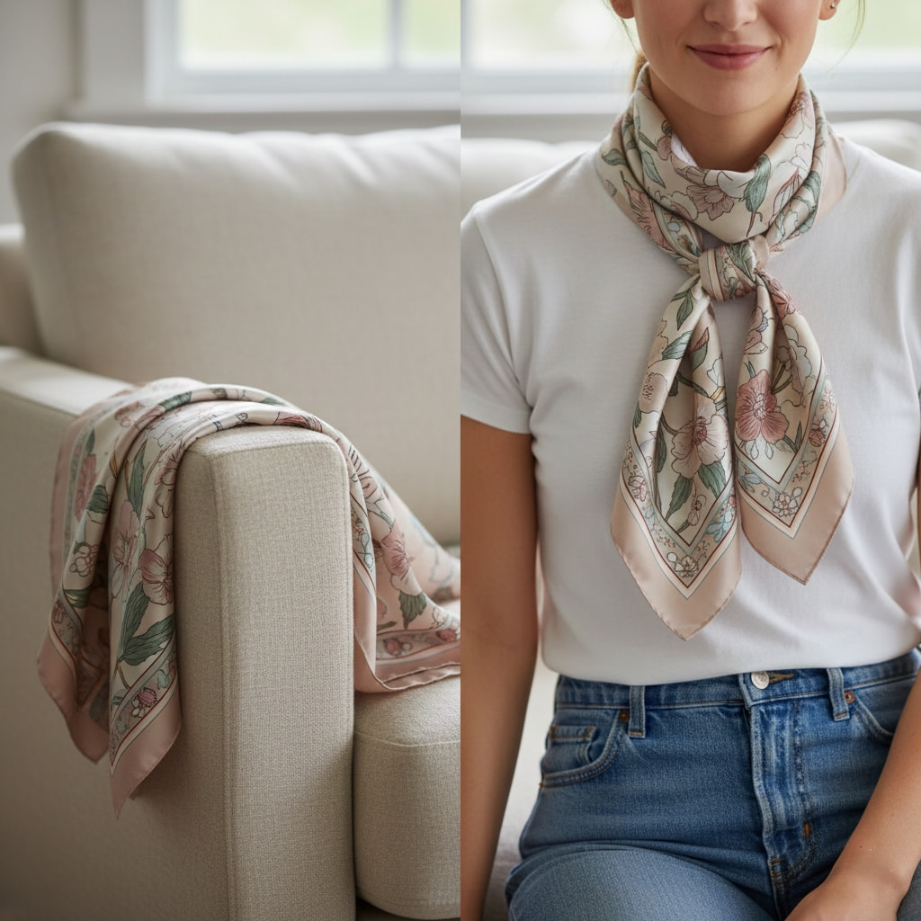 Elegant silk scarf with botanical print draped over chair, highlighting versatile fashion accessory in soft feminine colors
