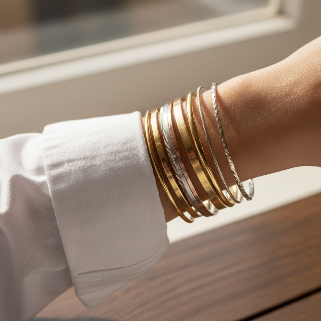 Stacked mixed-metal statement bangles styled with rolled-up white shirt sleeves