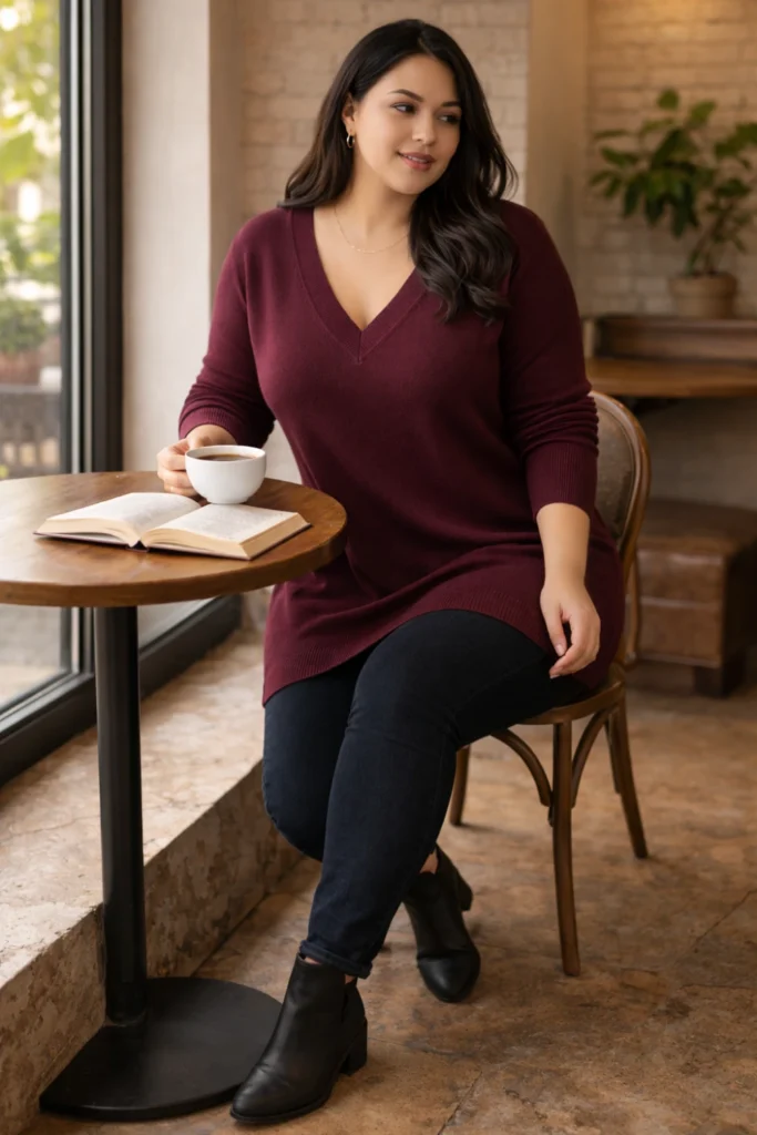 Plus size woman wearing flattering burgundy V-neck mid-thigh sweater with skinny jeans in cozy café setting